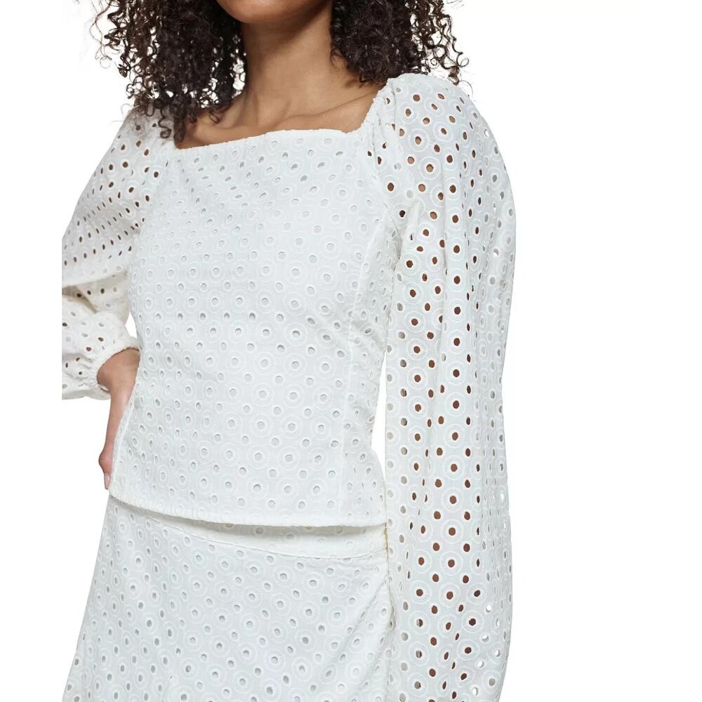 Karl Lagerfeld Paris Blouse Long sleeve Eyelet Smocked White Large - Picture 2 of 9